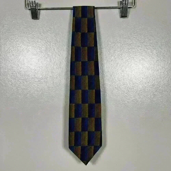 VTG 80s OSCAR DE LA RENTA 100% Silk Tie Blue Green Block Print 55" x 3.5" - Picture 5 of 5